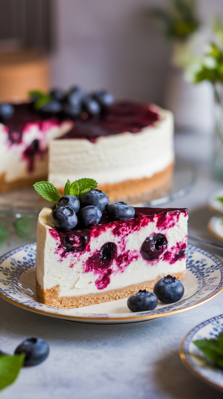 Slice of White Chocolate Blueberry Cheesecake garnished with blueberries on a decorative plate.